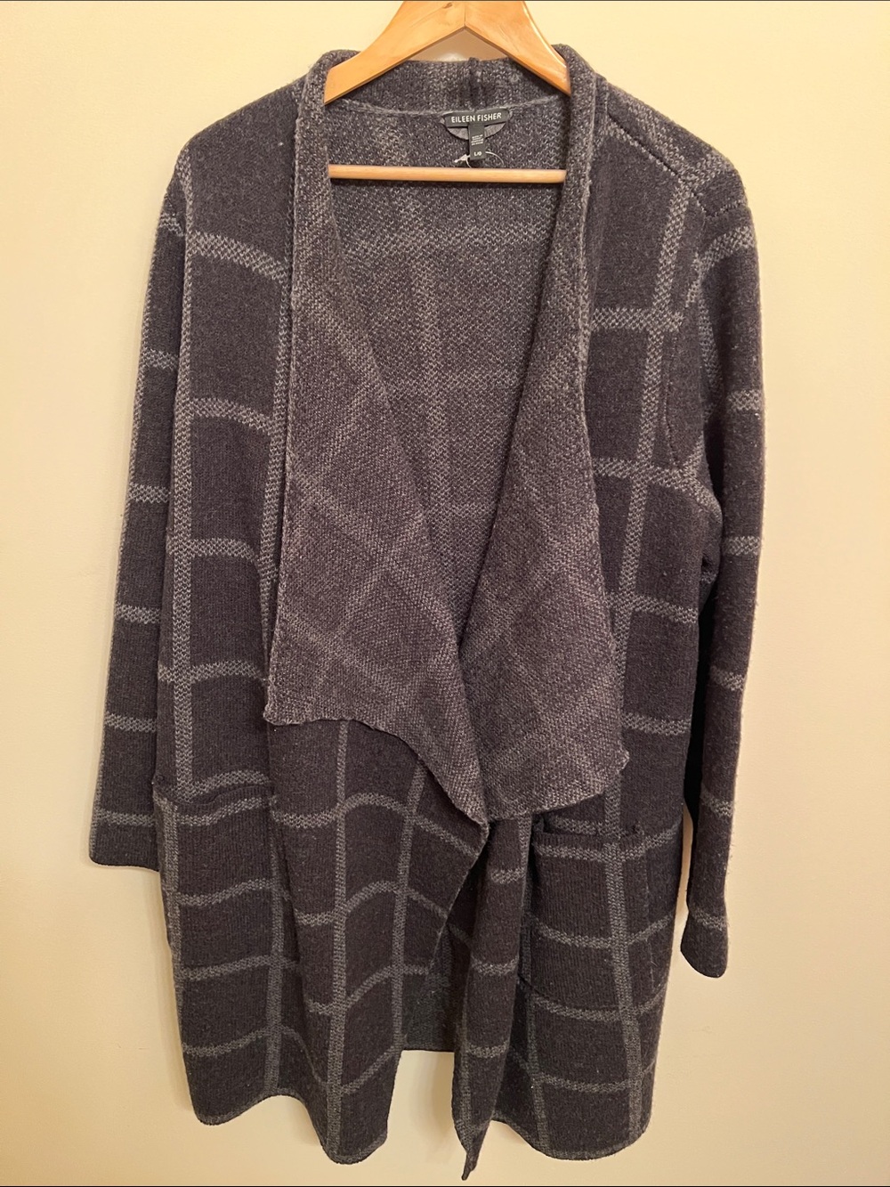 Eileen Fisher Charcoal Gray Windowpane Draped Open-Front Cardigan